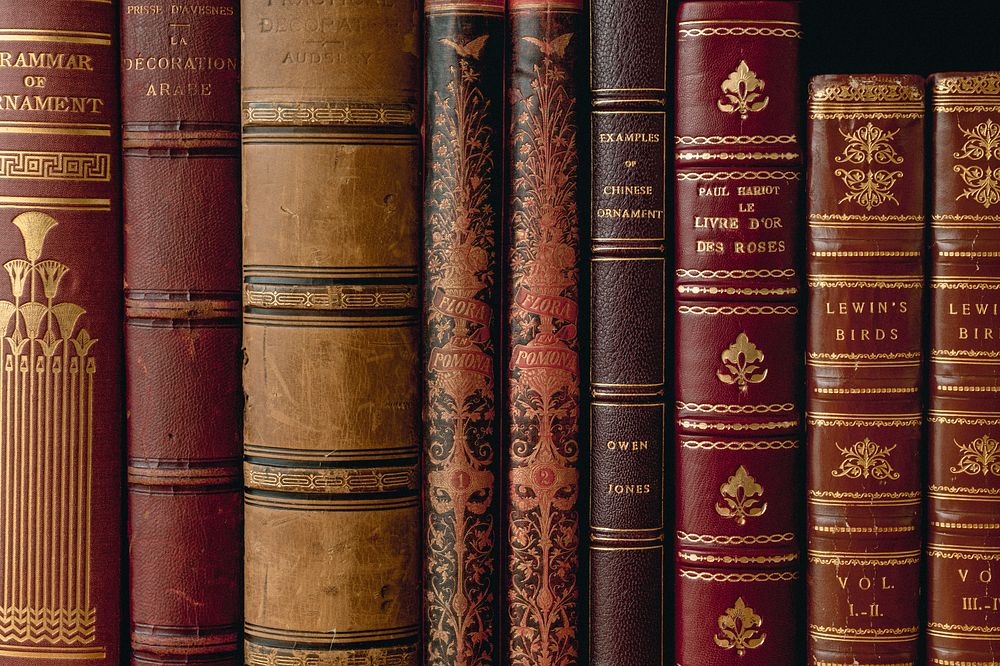 Antique books lined up, from our own original public domain library collection.