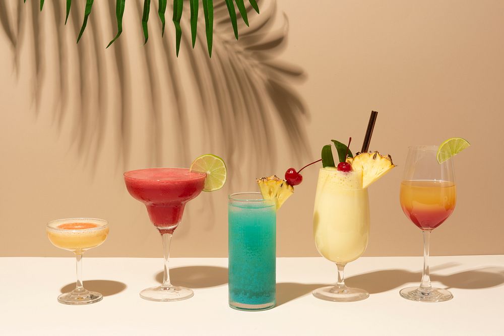 Mix of retro cocktails on a bar counter