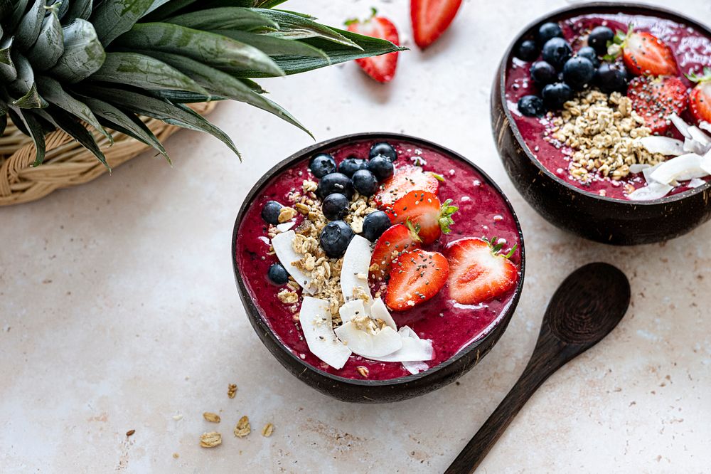Acai in coconut shell healthy meal for summer vibes