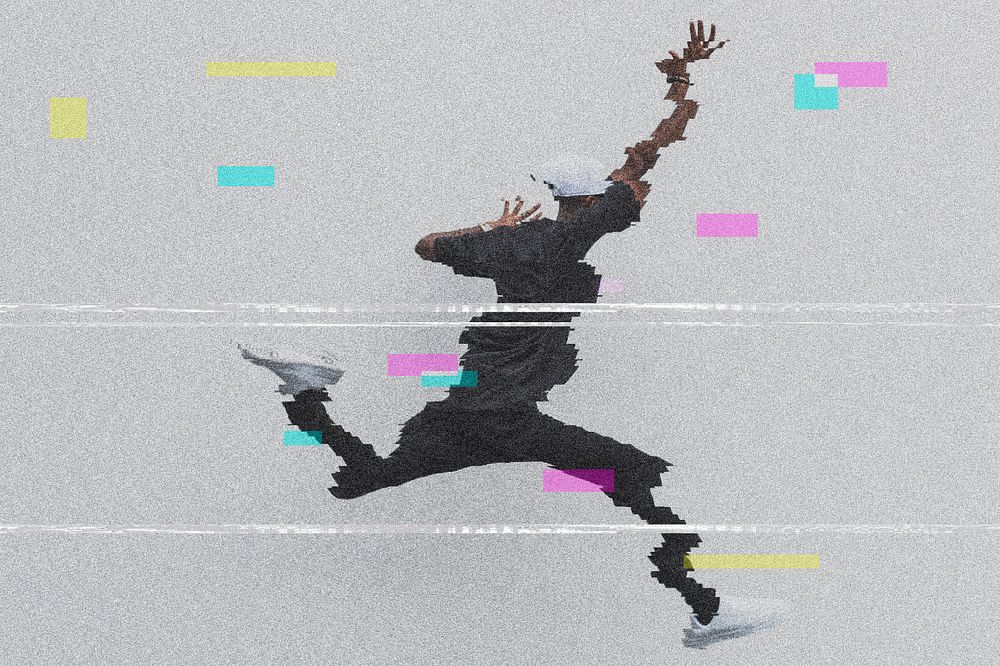 Man jump on glitch effect background