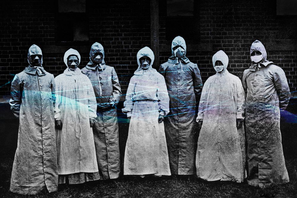 People in protective suits from the Spanish flu epidemic coronavirus contaminated background