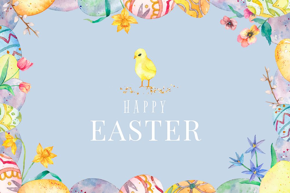 Happy Easter watercolor template psd cute eggs and birds blue greeting banner