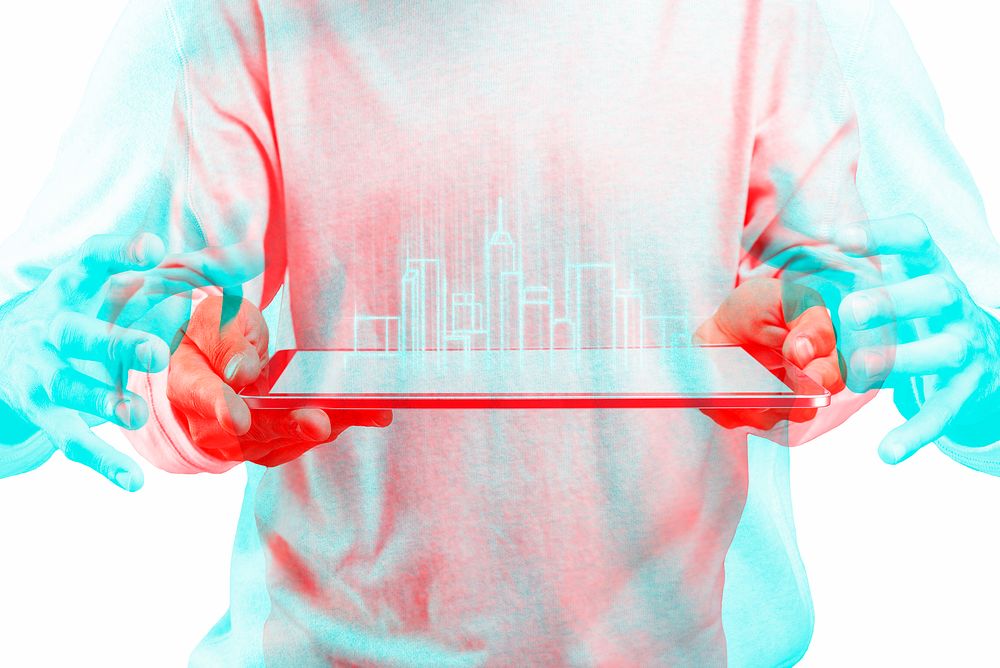 Architect using transparent tablet smart construction technology in double color exposure effect