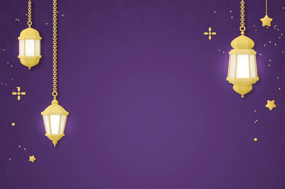 Hanging lanterns background, 3D aesthetic purple design  psd