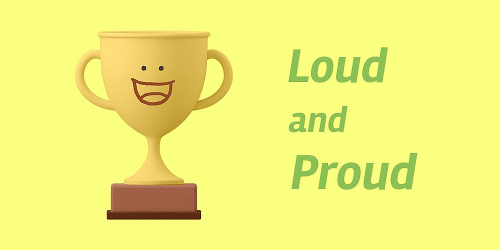 Smiling trophy Twitter ad template, loud and proud quote psd