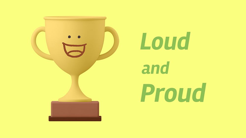 Smiling trophy Powerpoint presentation template, loud and proud quote psd