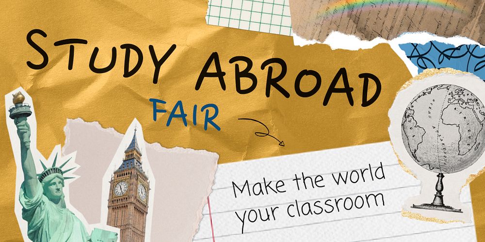 Study abroad Twitter post template, paper collage design psd