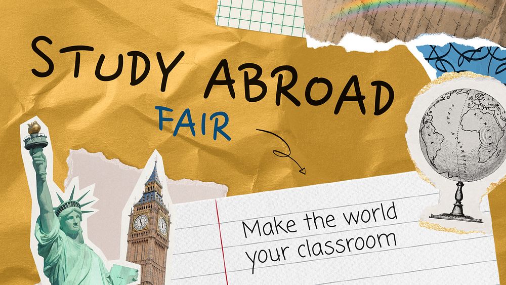 Study abroad presentation slide template, paper collage design psd