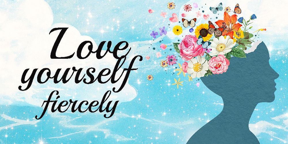 Love yourself Twitter ad template, surreal floral collage psd
