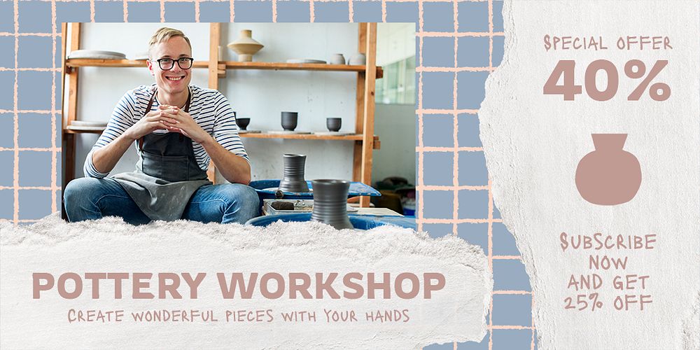 Pottery workshop Twitter post template, editable promotion design psd