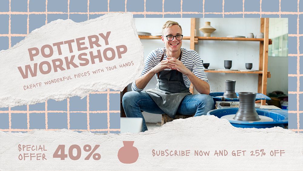 Pottery workshop blog banner template, editable promotion design psd