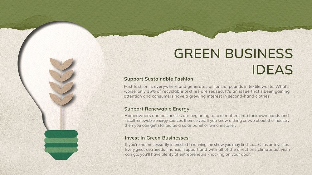 Green business PowerPoint editable template, light bulb graphic psd