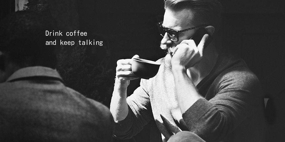 Coffee addict Twitter post template, man having phone call photo psd