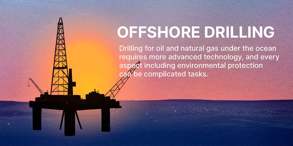 Offshore drilling Twitter post template, oil rig sunset psd