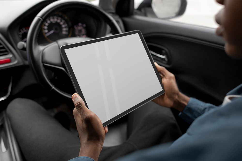 Blank digital tablet screen mockup in a self driving car psd