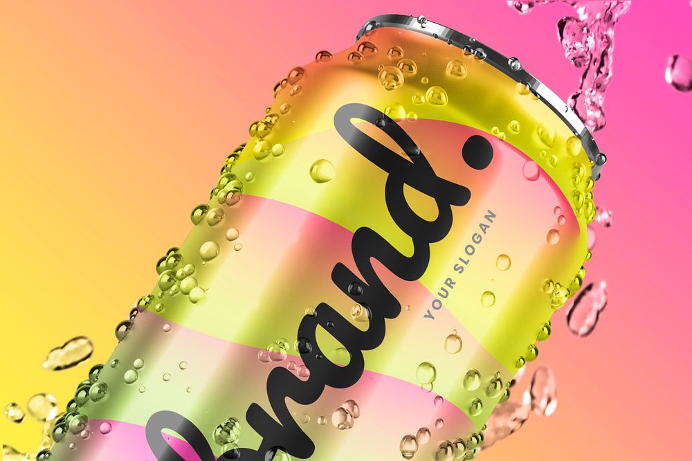 Soda can mockup, beverage packaging in colorful abstract design psd