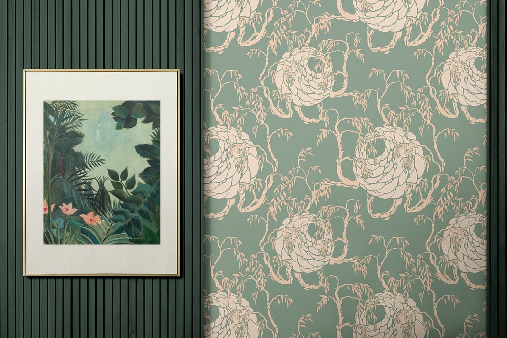 Wall & frame mockup psd with Art Deco wallpaper in green