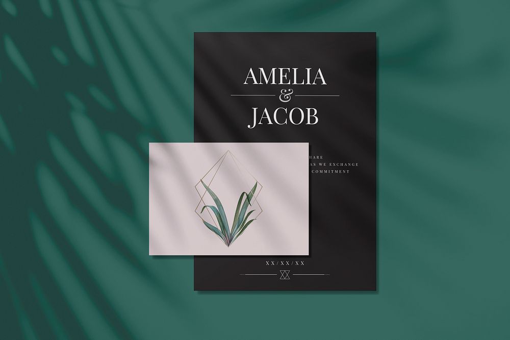 Wedding invitation card mockups with leaves and golden frames