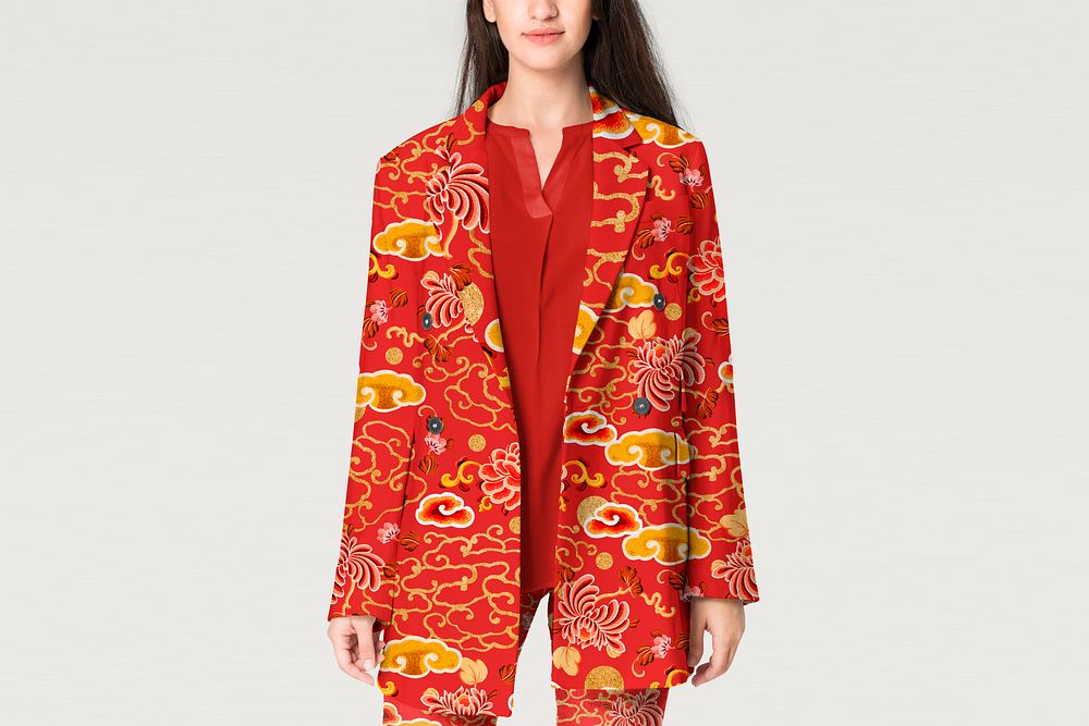 Women's coat mockup, winter fashion with Chinese traditional print psd