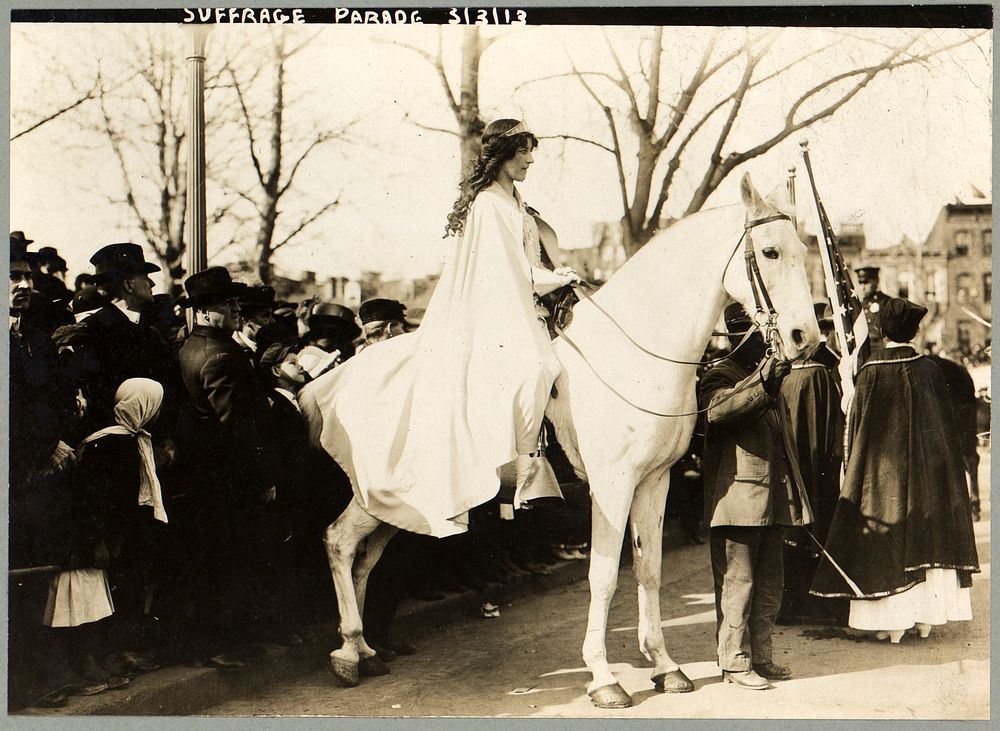 [Inez Milholland Boissevain, wearing white cape, seated on white horse at the National American Woman Suffrage Association…