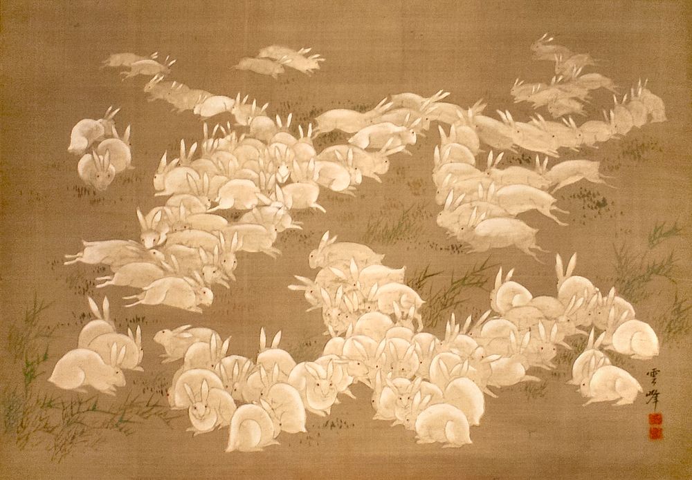 White rabbits (1765 - 1848) vintage Japanese ink and color on silk by Ōoka Unpō. Original public domain image from the…