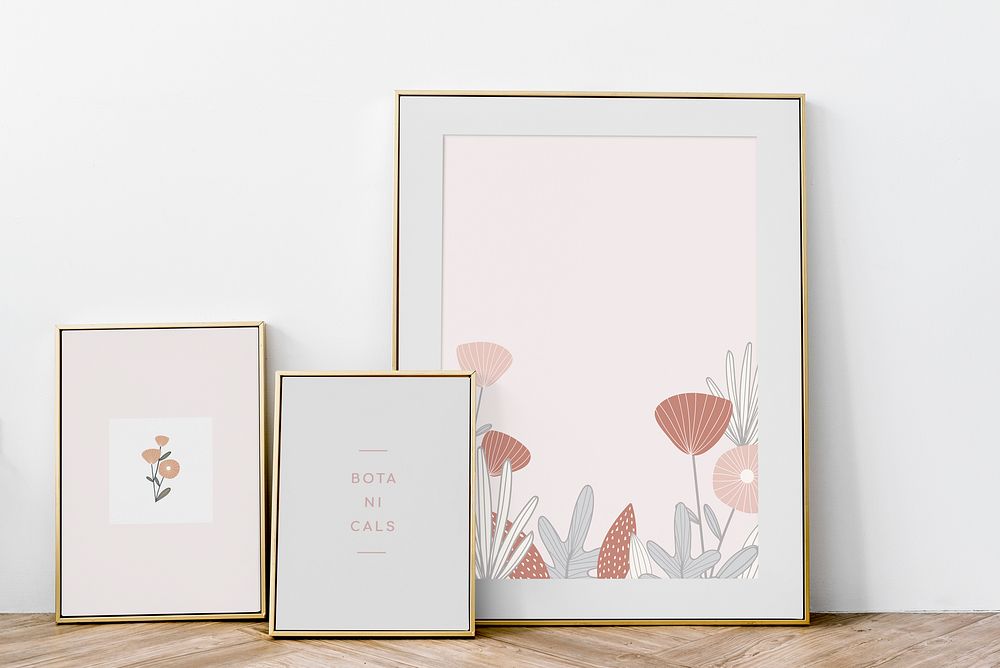 Botanical golden frame mockup against a wall