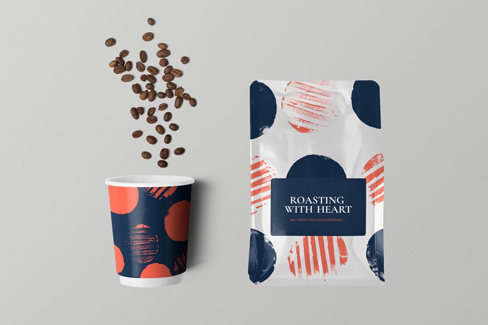 Product branding mockup set, coffee bag label and paper cup design psd