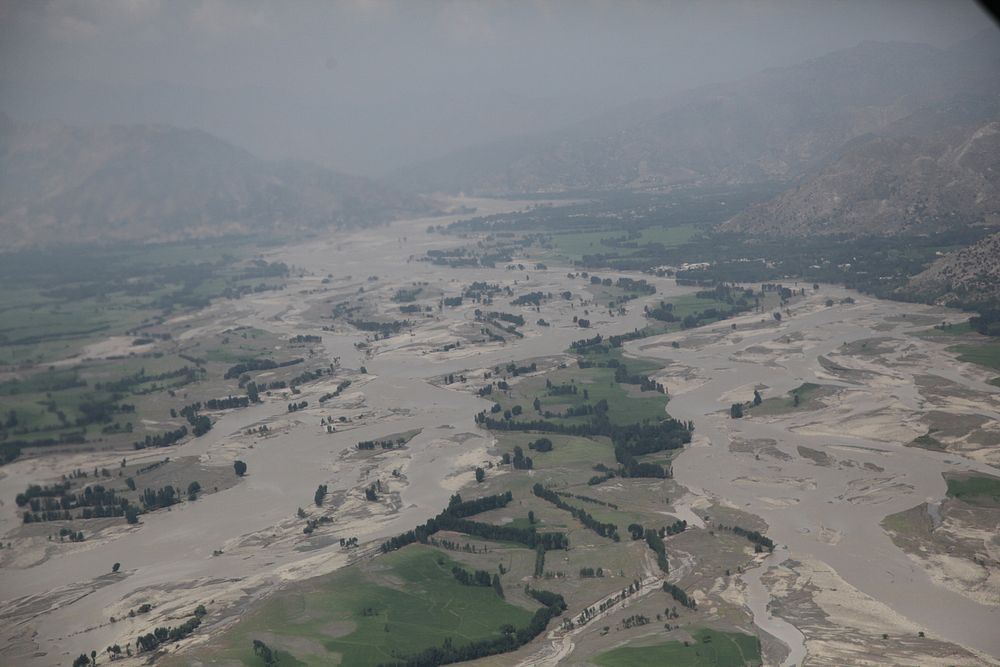 An aerial view of the damaged countryside is shown in Pakistan Aug. 5, 2010, from a U.S. Army CH-47 Chinook helicopter en…