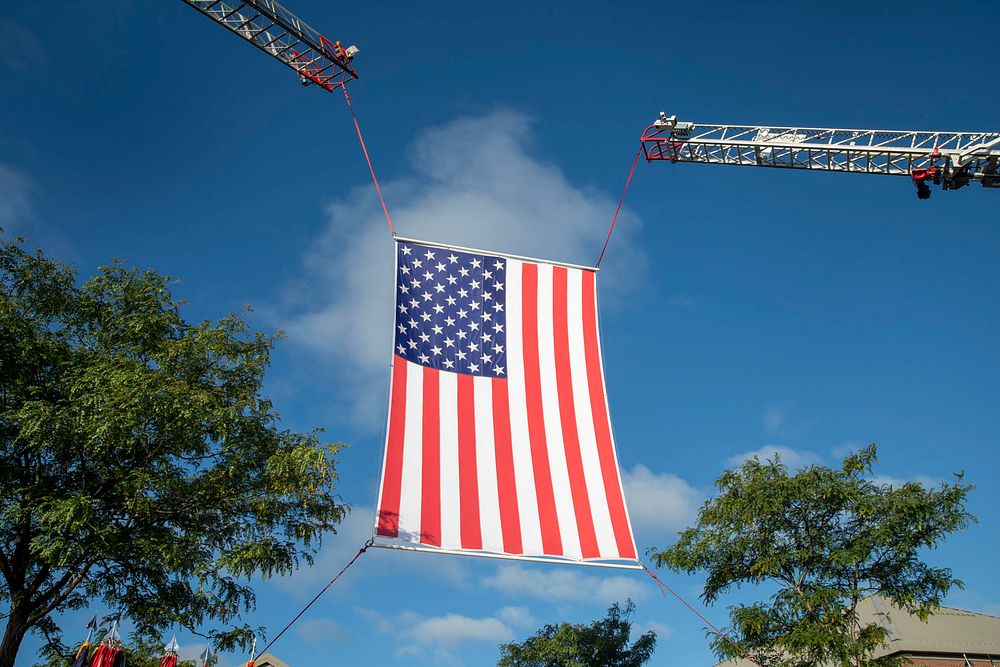 American flag on crane.