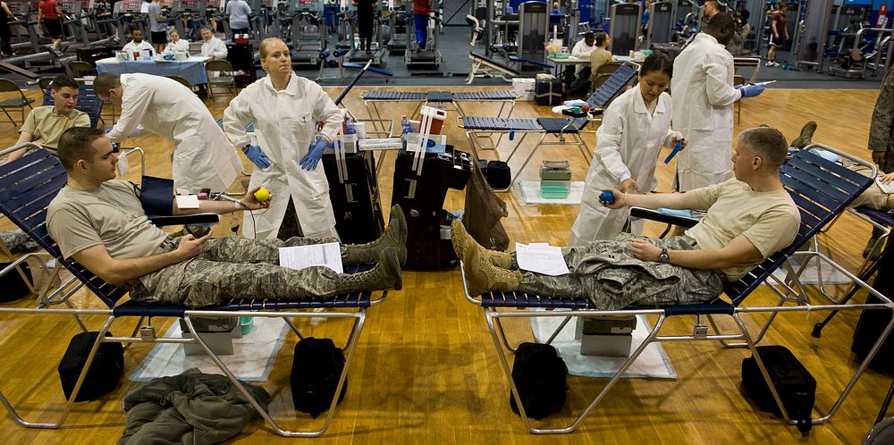 U.S. Service members donate blood during a blood drive in the Northside Fitness Center Annex at Ramstein Air Base, Germany…