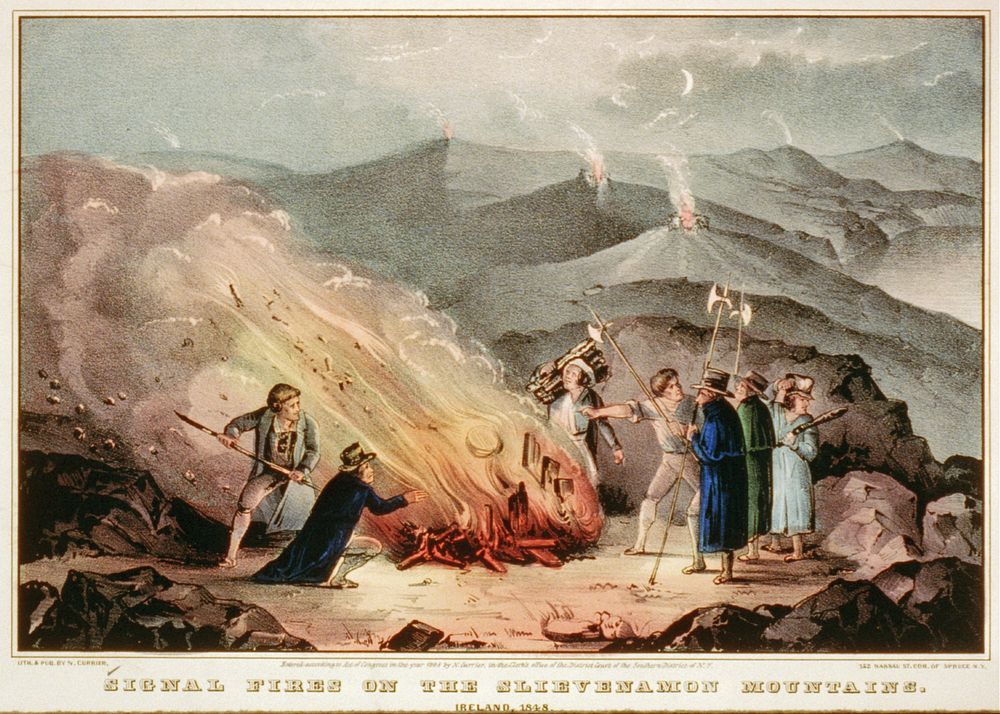 Signal fires on the Slievenamon Mountains - Ireland (1848) by N. Currier 