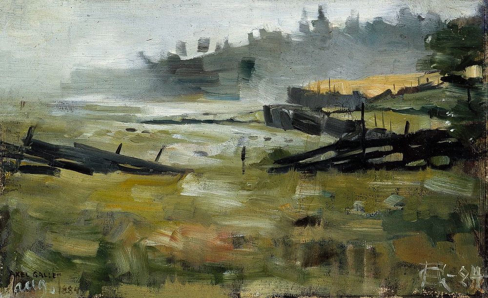 Misty landscape, oil painting. Original public domain image by Akseli Gallen-Kallela from Finnish National Gallery.…