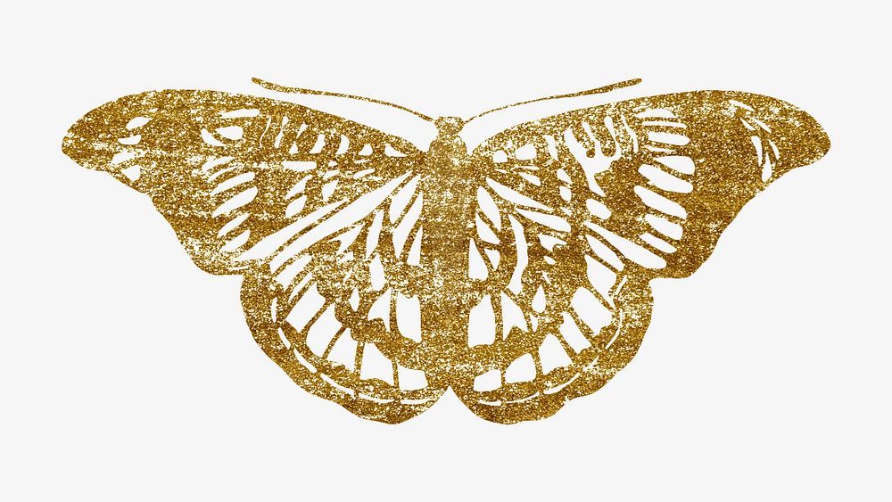 Gold glittery butterfly, aesthetic insect illustration.  Inspired by E.A. S&eacute;guy's style.