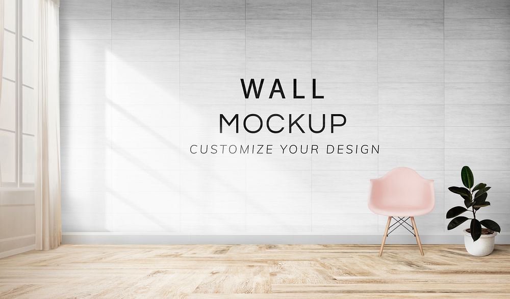 Pink chair and a plant against a wall mockup