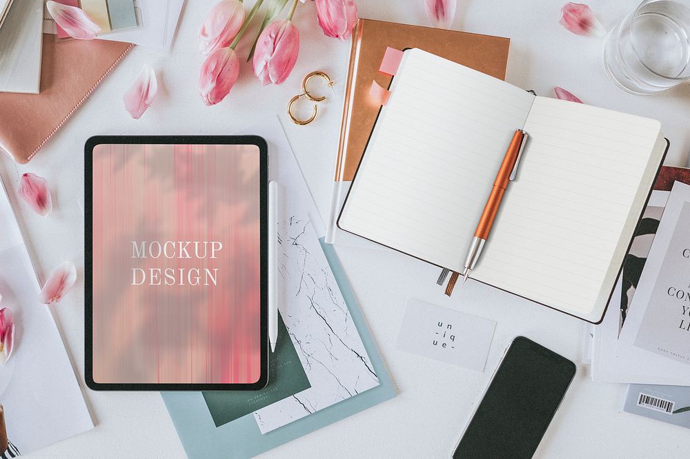 Aerial view of digital devices mockup on table workspace