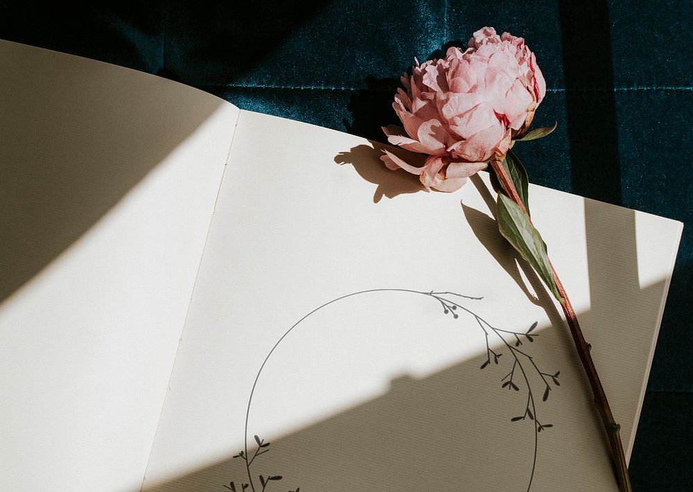 Diary mockup with a pink peony sarah bernhardt