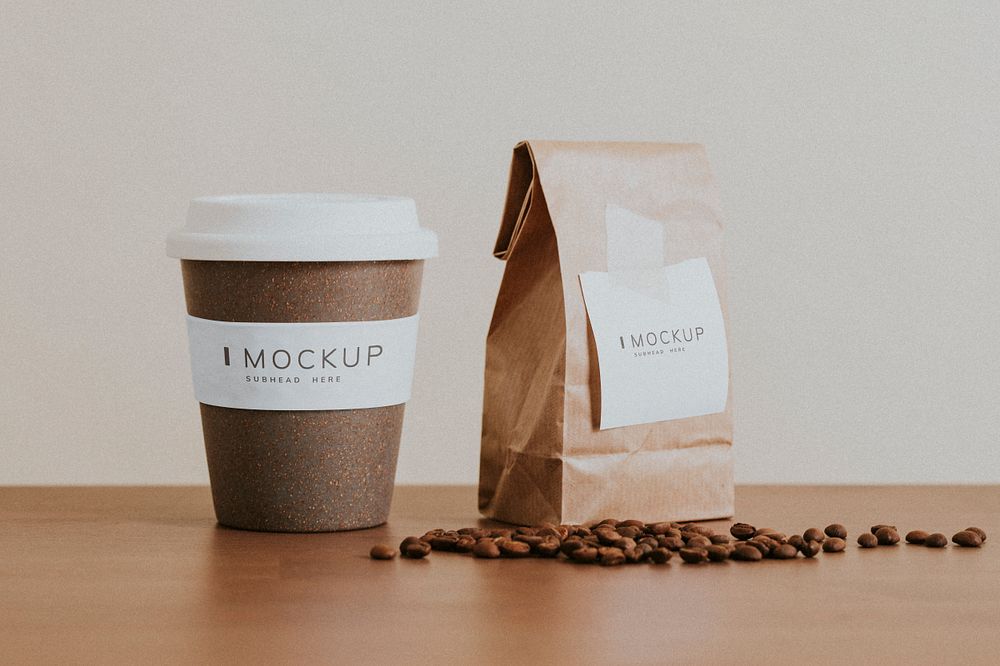 Cork reusable cup with coffee beans mockup