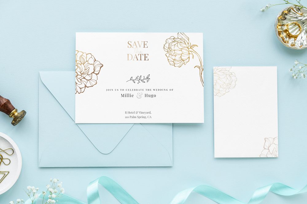 Wedding cards template mockup on a blue background