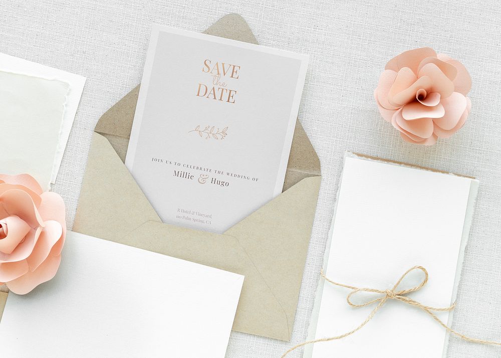 Wedding card template mockup with pink roses