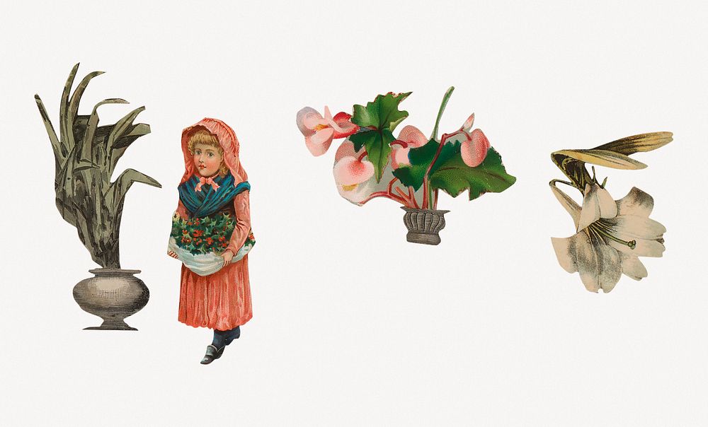 Flowers and victorian girl clipart psd. Remastered by rawpixel.