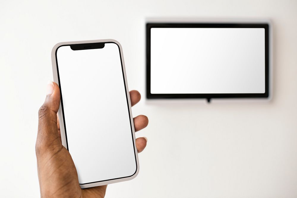 Smartphone screen mockup psd with smart home controller monitor 