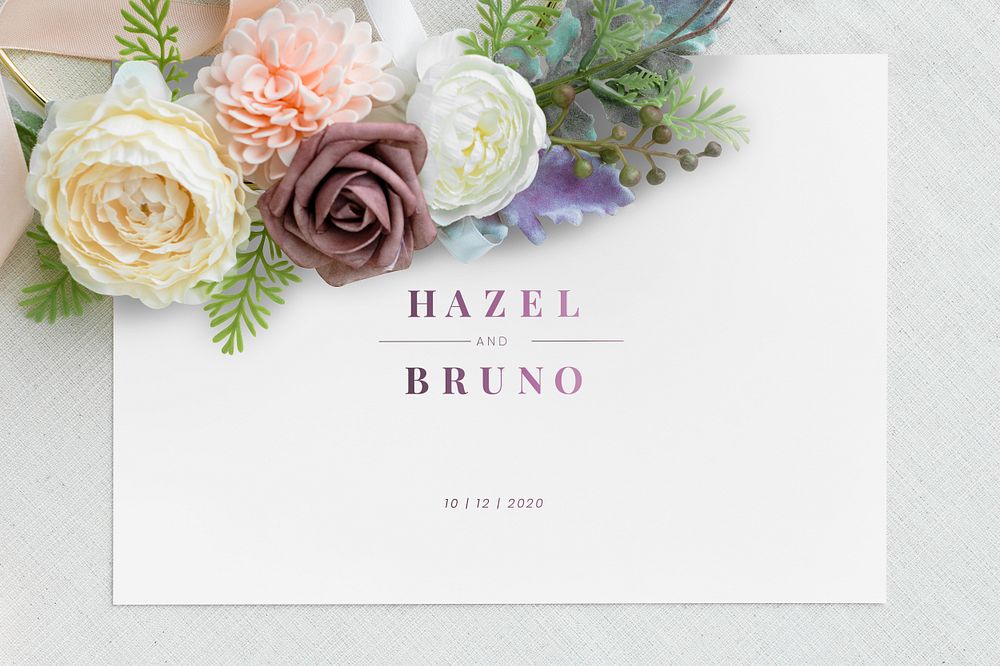 White wedding invitation card template mockup with flowers