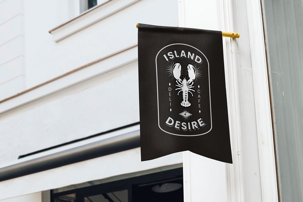 Flag sign mockup, black minimal logo psd design