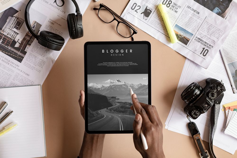 Black woman blogging on a digital tablet mockup