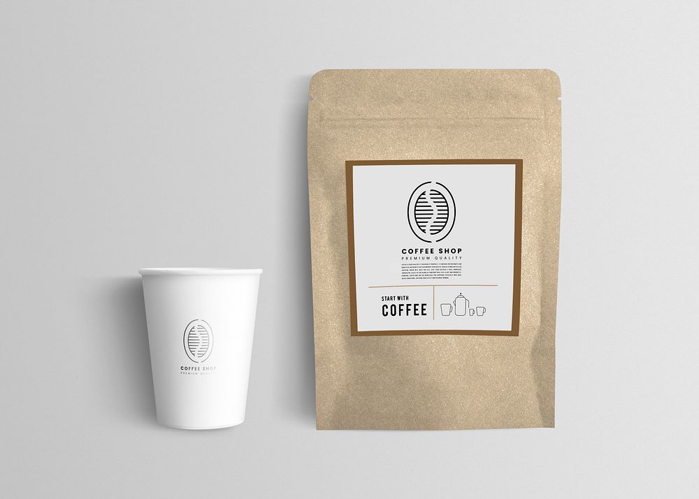 Cafe psd mockup with coffee bean pouch and paper cup
