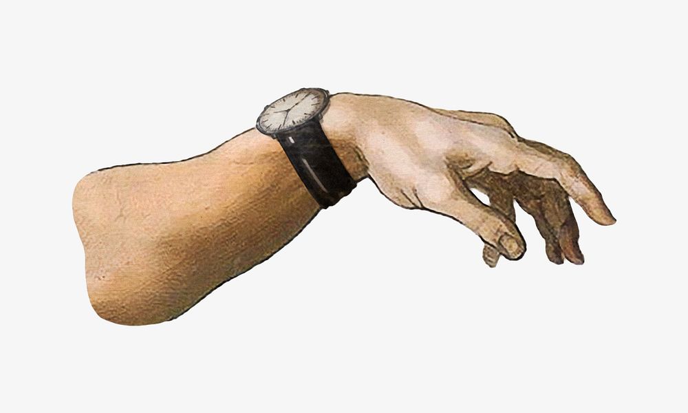 Hand wearing watch, vintage illustration inspired by the Creation of Adam, artwork of Michelangelo Buonarroti