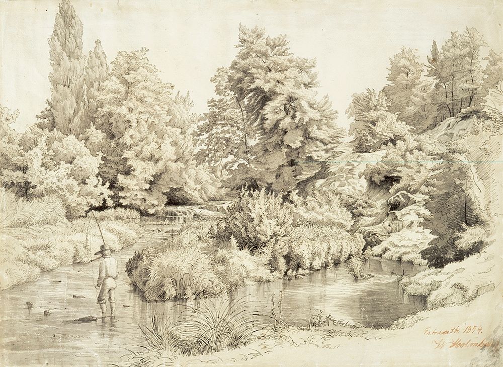 Erkrath, landscape of stream with boy fishing, 1854