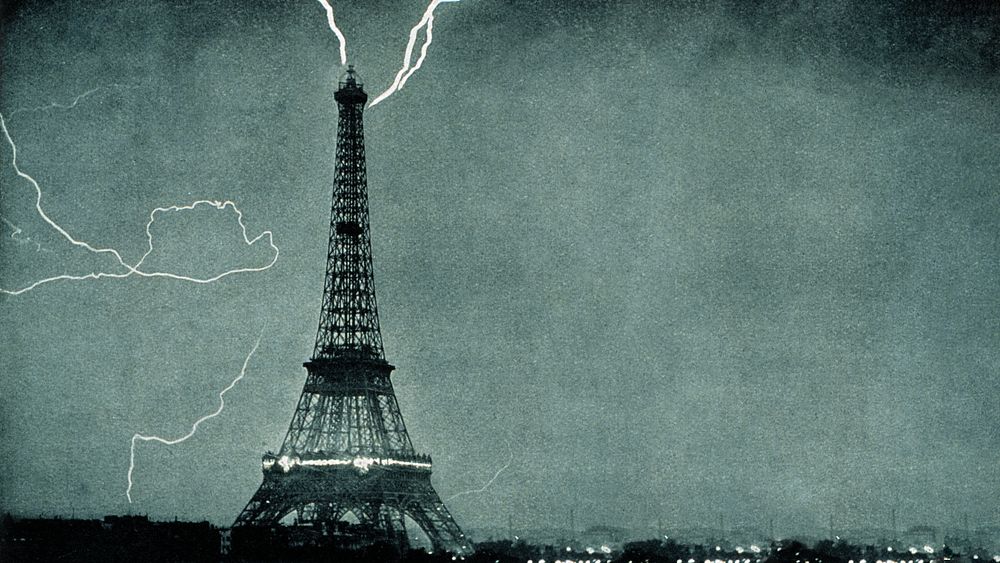 Lightning striking Eiffel Tower desktop wallpaper, vintage photograph. Remixed by rawpixel.