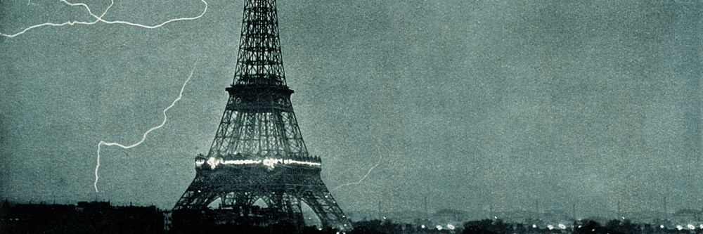 Lightning striking Eiffel Tower background, vintage photograph. Remixed by rawpixel.