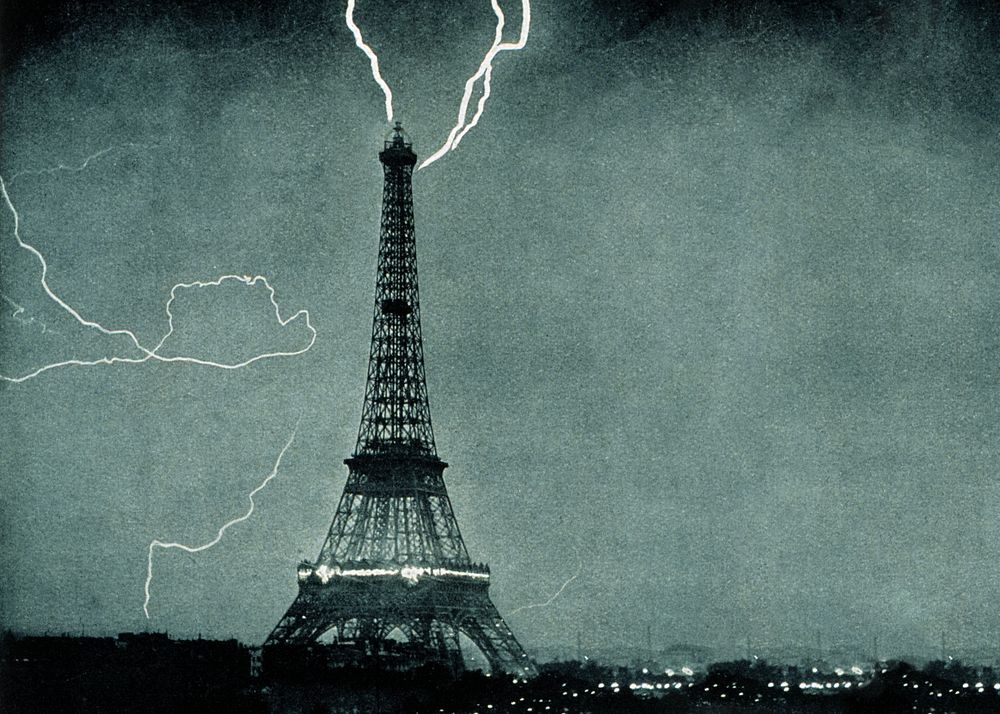 Lightning striking Eiffel Tower background, vintage photograph. Remixed by rawpixel.